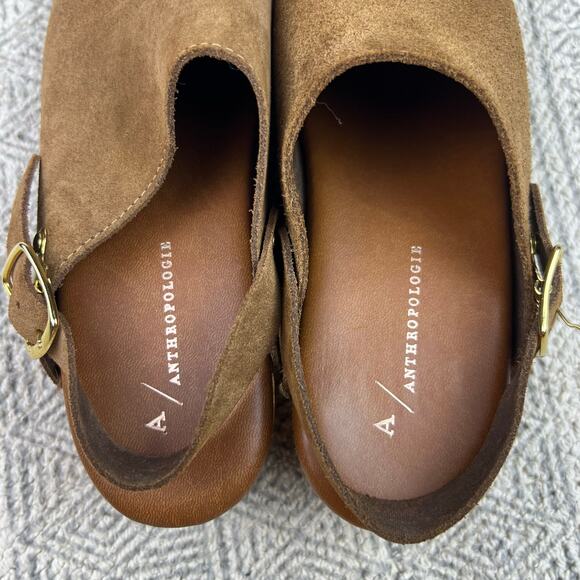 Anthropologie Brown Suede Wooden Platform Clog Sandals, Adjustable Buckle Strap - Picture 6 of 10